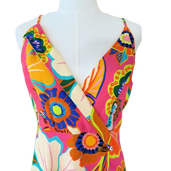 FARM RIO Pink Linen-blend Floral Garden Mini Wrap Dress Small Beachy Boho - Picture 8 of 14